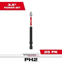 The image shows one SHOCKWAVE™ Impact Duty 3-1/2" Phillips #2 Power Bit from a pack of 25. The bit has a black and red design, with "SHOCKWAVE Impact Duty" written below.