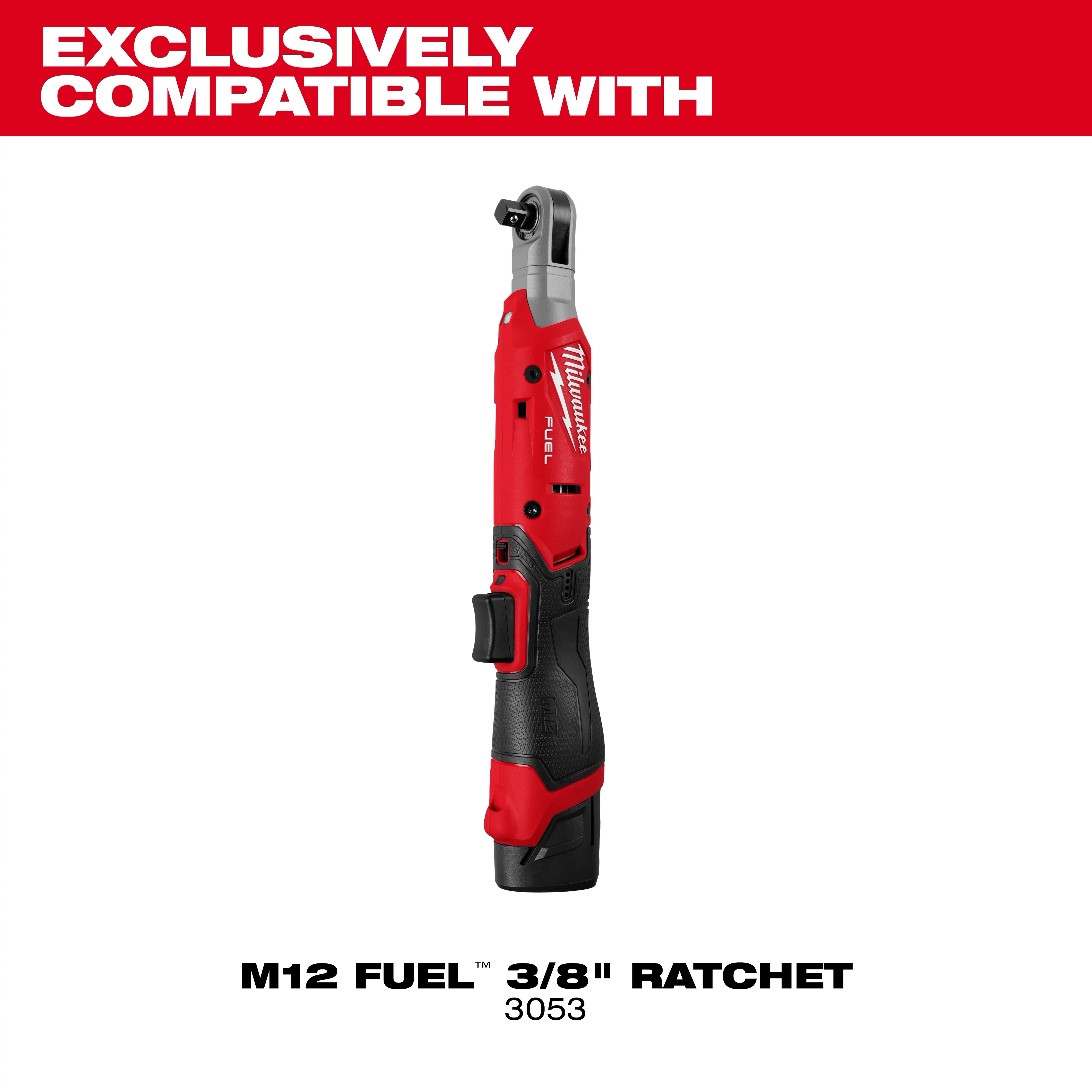 M12 FUEL™ 3/8" Ratchet Protective Boot is a red and black protective accessory designed for the M12 FUEL™ 3/8" Ratchet, enhancing durability and providing added grip. The image highlights the compatibility of the boot with the specified ratchet model.