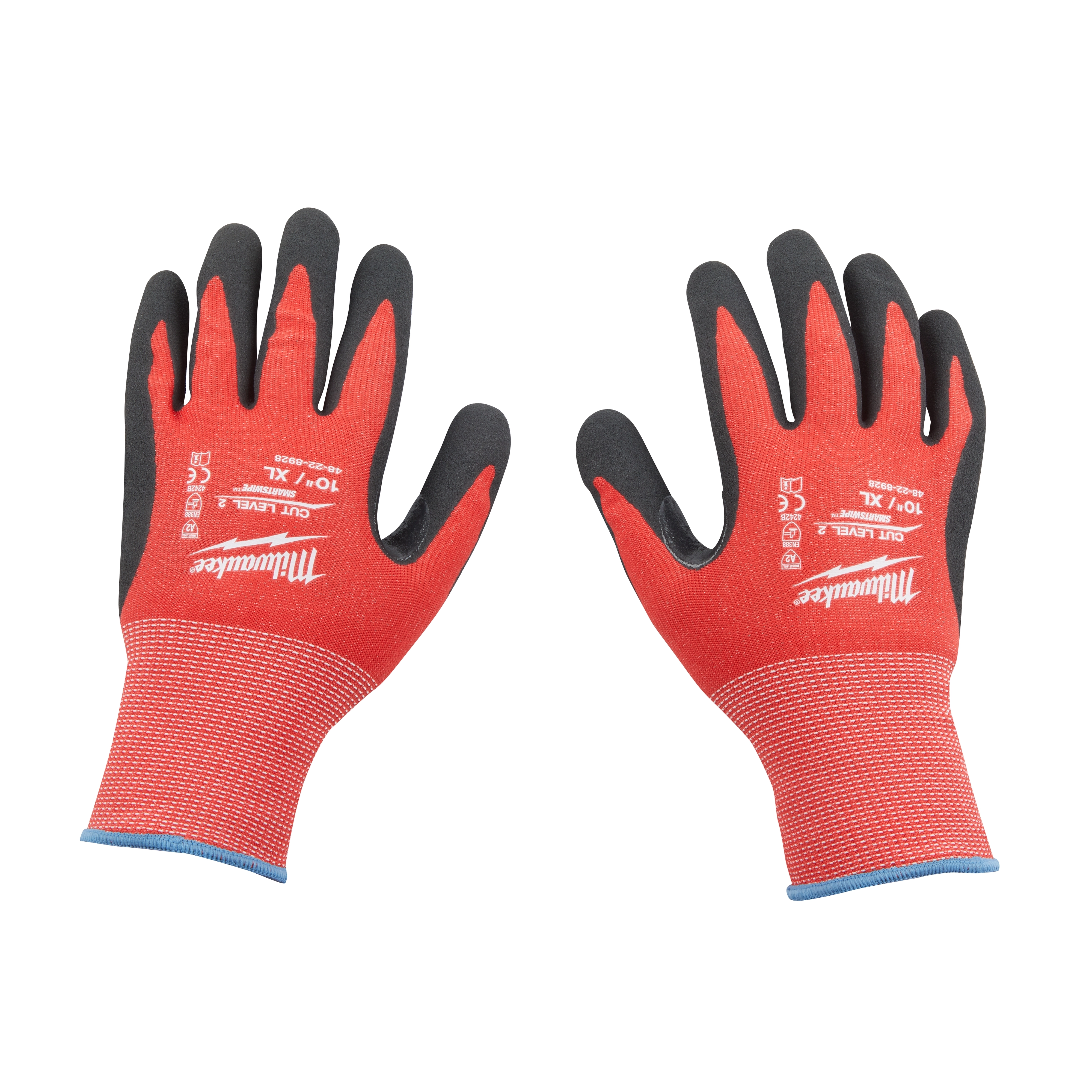 Red and black Cut Level 2 Nitrile Dipped Gloves with rubberized grip on the palms and fingers, blue-trimmed cuffs, and size labeling.