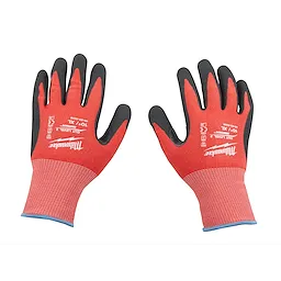 Red and black Cut Level 2 Nitrile Dipped Gloves with rubberized grip on the palms and fingers, blue-trimmed cuffs, and size labeling.