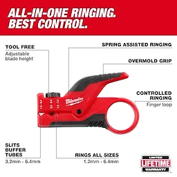 This image shows the Milwaukee Buffer Tube Ringer & Slitter, a tool designed for adjustable blade height, spring-assisted ringing, and a finger loop for controlled ringing. It slits buffer tubes from 3.2mm to 6.4mm and rings all sizes from 1.2mm to 6.4mm, featuring an overmold grip.