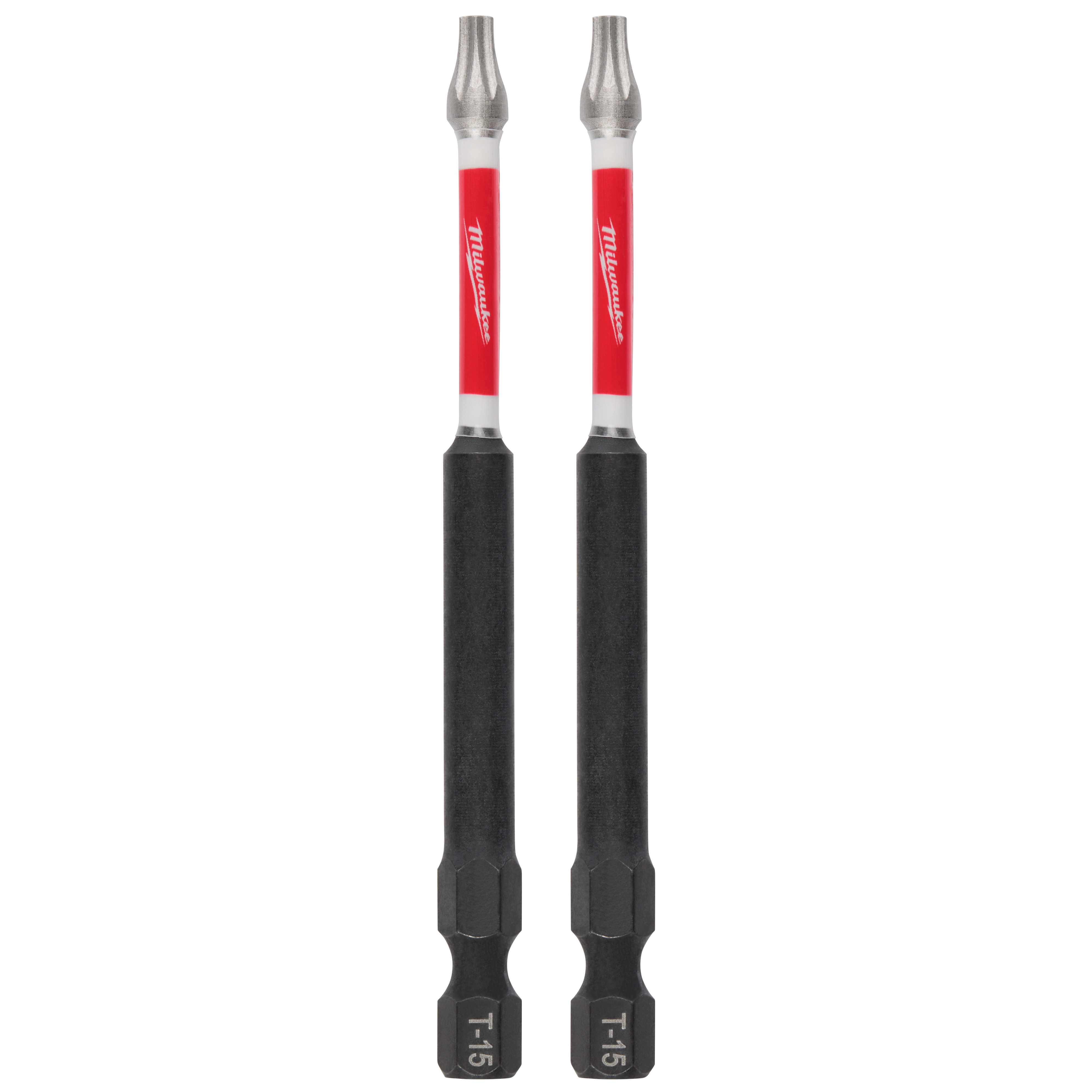 The image shows two SHOCKWAVE™ 3-1/2" Impact Duty T15 Bits (2 PK). The bits have a red and white shaft with the Milwaukee logo, and a black base labeled T15.