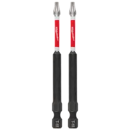 The image shows two SHOCKWAVE™ 3-1/2" Impact Duty T15 Bits (2 PK). The bits have a red and white shaft with the Milwaukee logo, and a black base labeled T15.