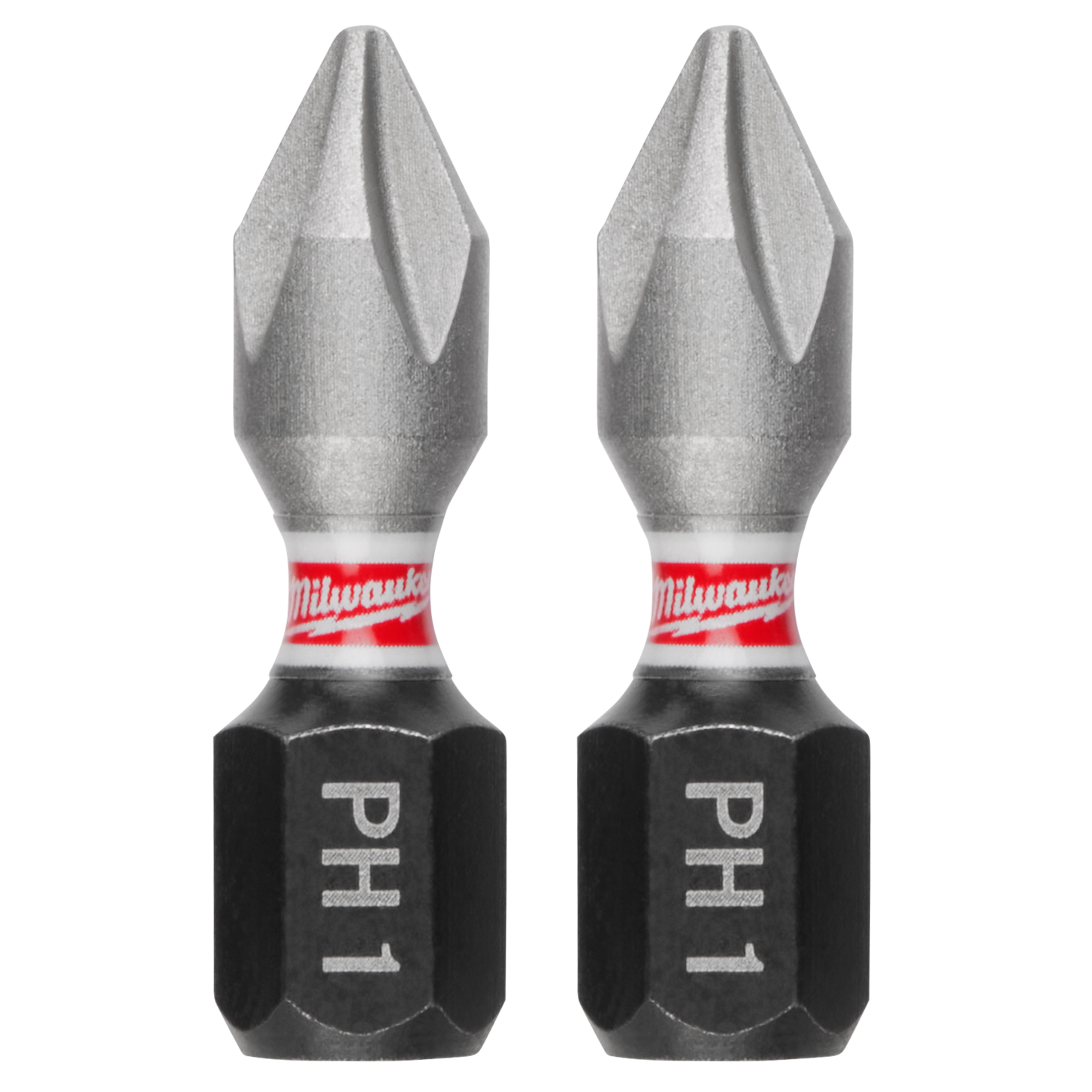 The image shows two SHOCKWAVE™ 1" Impact Duty Phillips #1 Insert Bits (2 PK) by Milwaukee. These bits have a double-ended design with PH1 engraved on the black base and a silver finish on the tips.
