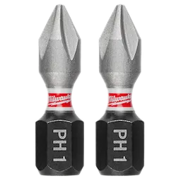 The image shows two SHOCKWAVE™ 1" Impact Duty Phillips #1 Insert Bits (2 PK) by Milwaukee. These bits have a double-ended design with PH1 engraved on the black base and a silver finish on the tips.