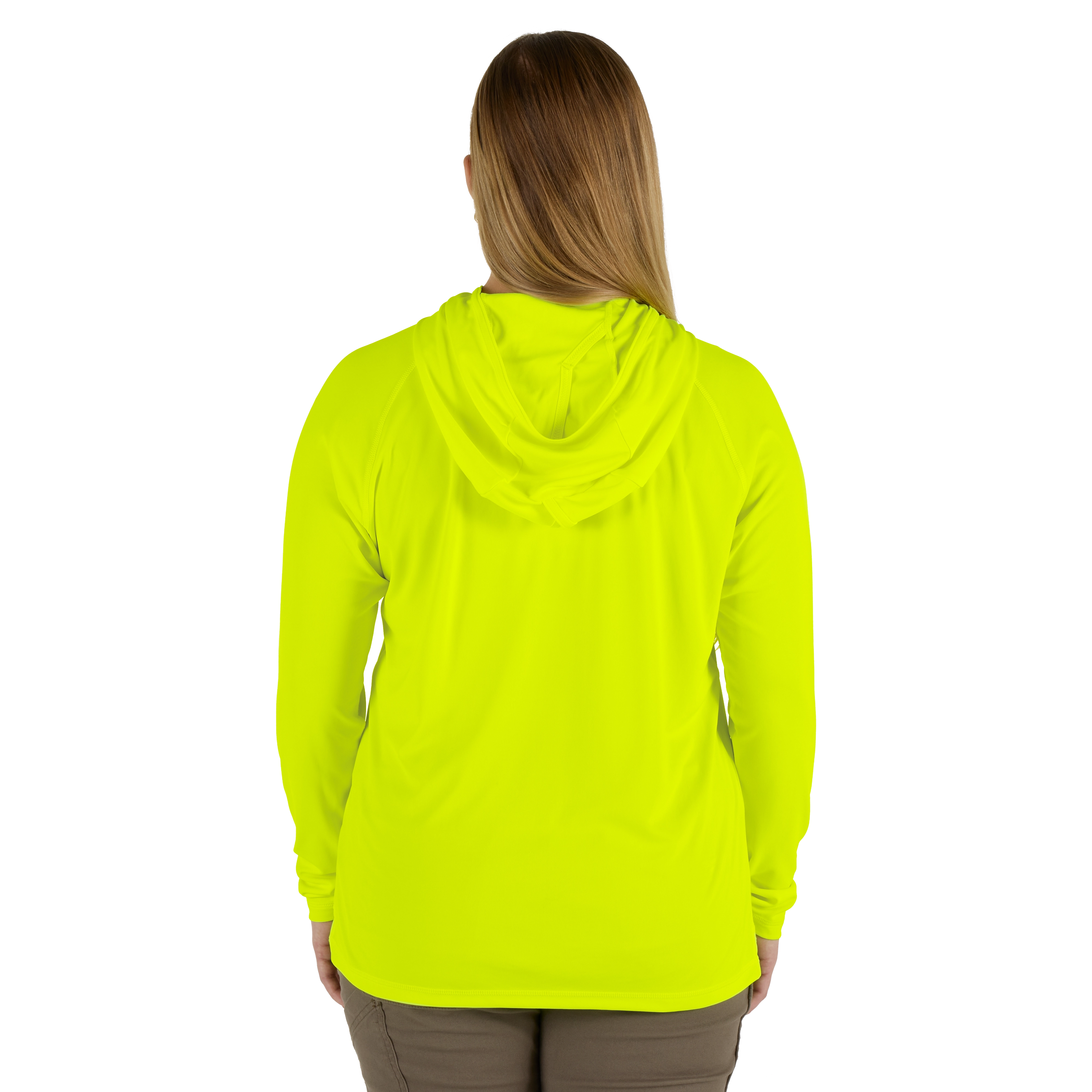 The Women's WORKSKIN Hooded Sun Shirt – Yellow features a high-visibility yellow color and a hood. The shirt is shown from the back, highlighting its long sleeves and casual fit.