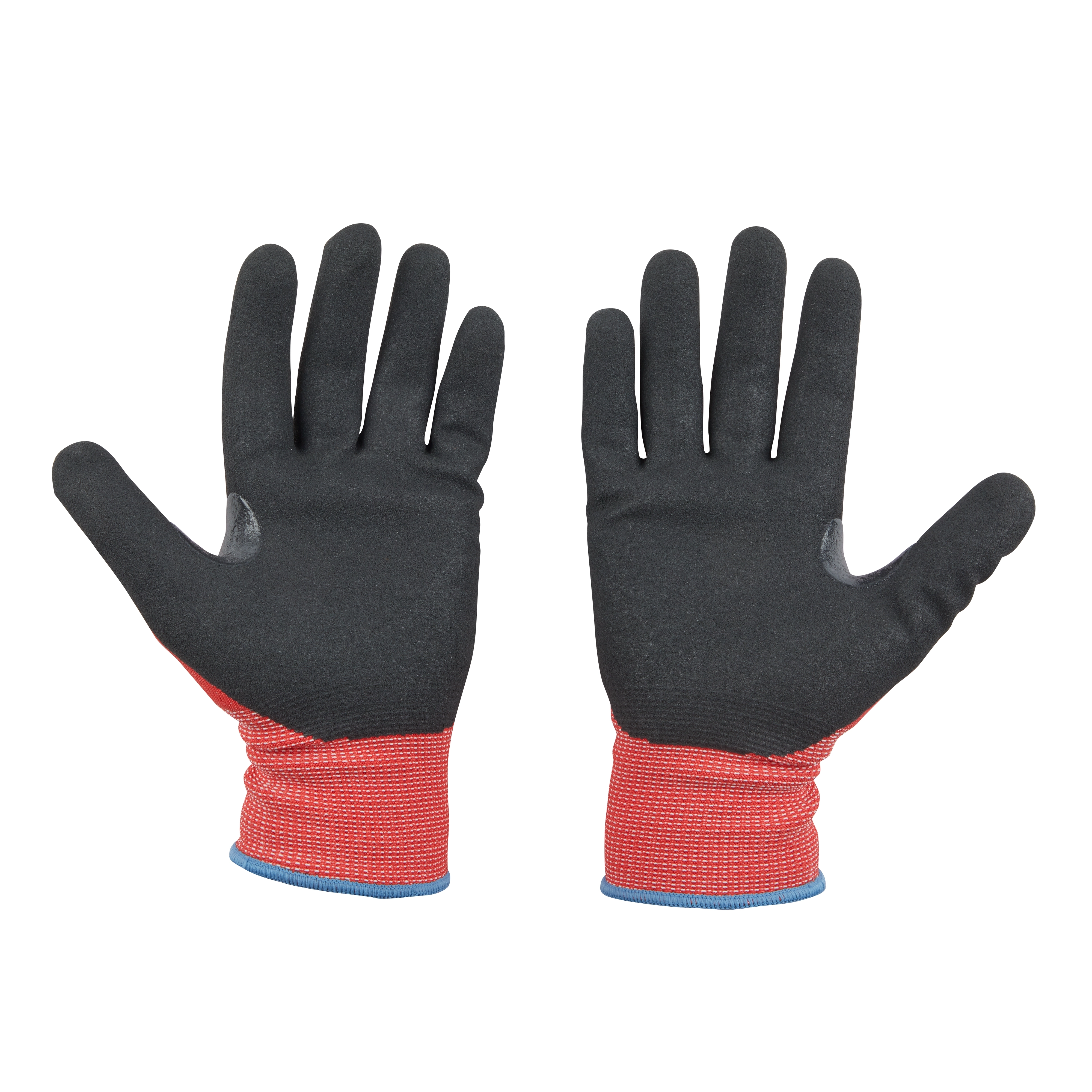 Cut Level 2 Nitrile Dipped Gloves with black nitrile-coated palms and red fabric cuffs, displayed palm side up.