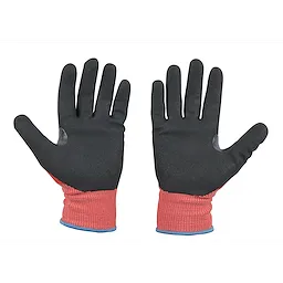 Cut Level 2 Nitrile Dipped Gloves with black nitrile-coated palms and red fabric cuffs, displayed palm side up.