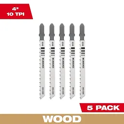 4" 10TPI T-Shank Wood High Carbon Steel Jig Saw Blades 5PK displayed in a vertical row with grey tops and toothed edges.