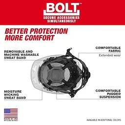 BOLT 4PT Front Brim Non-Vented Safety Helmet - Type 2, Class E with removable sweatband, moisture-wicking fabric, and padded suspension.