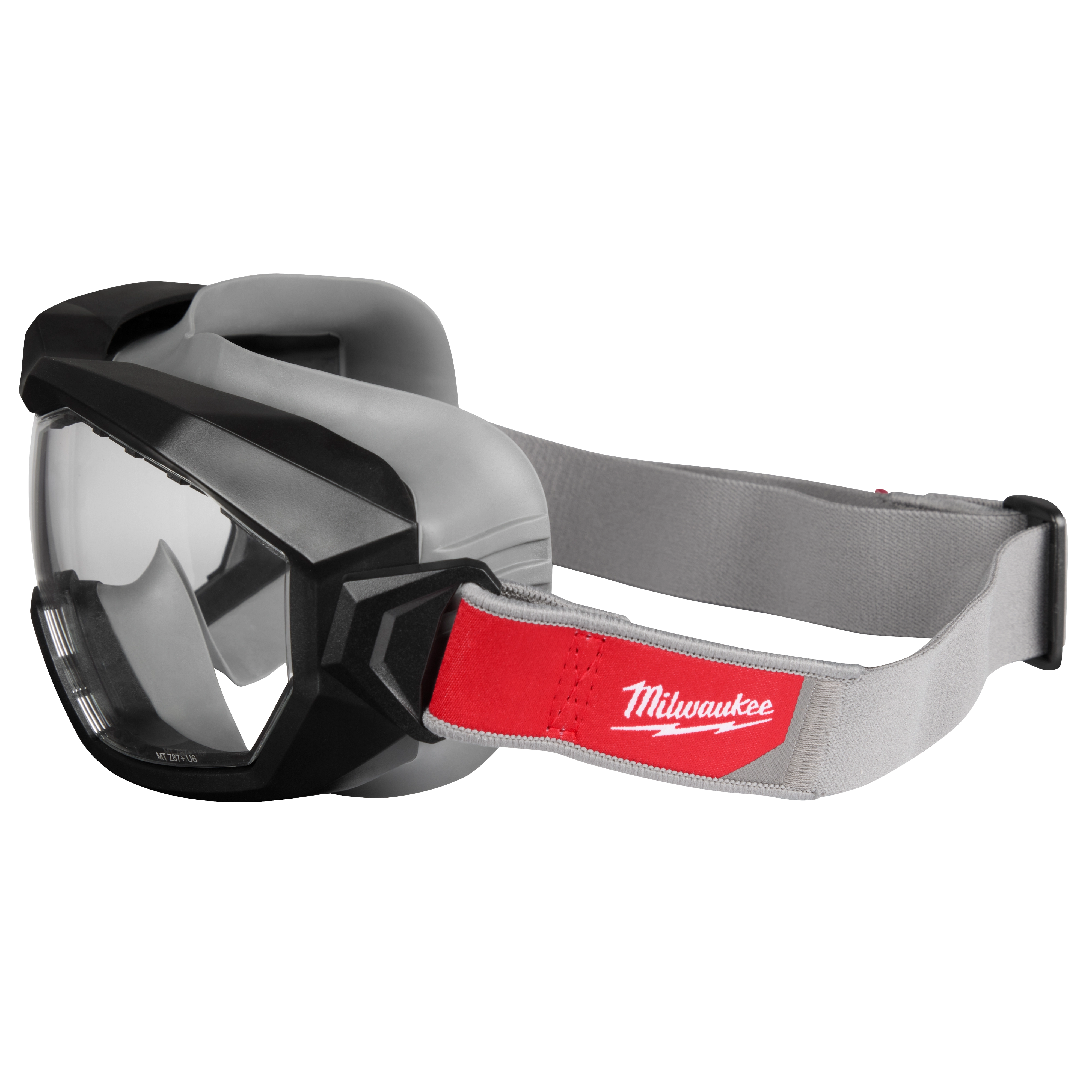 Non-Vented Goggles - Clear Dual Coat Lens with black and gray frames, clear lenses, and an adjustable gray strap with a red label.