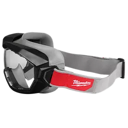 Non-Vented Goggles - Clear Dual Coat Lens with black and gray frames, clear lenses, and an adjustable gray strap with a red label.