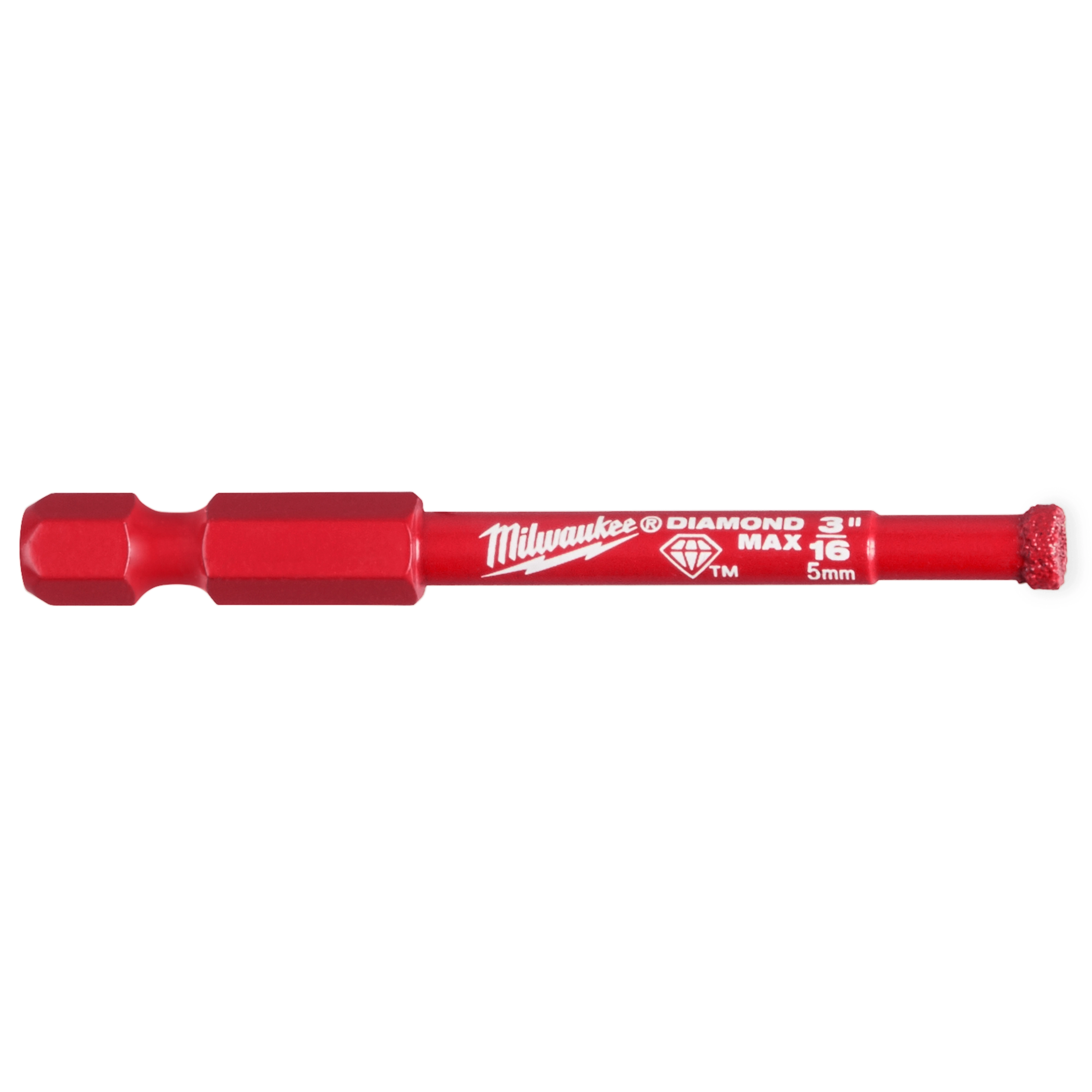 Milwaukee 3/16" DIAMOND MAX Diamond Grit Hole Saw with red hex shank and diamond-coated tip for cutting hard materials.