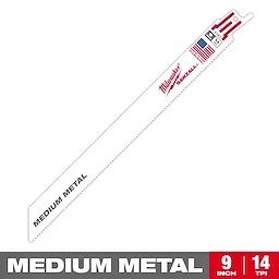 Milwaukee Sawzall blade for medium metal, 9 inches long with 14 teeth per inch, featuring a white design with the brand logo in red and an American flag.