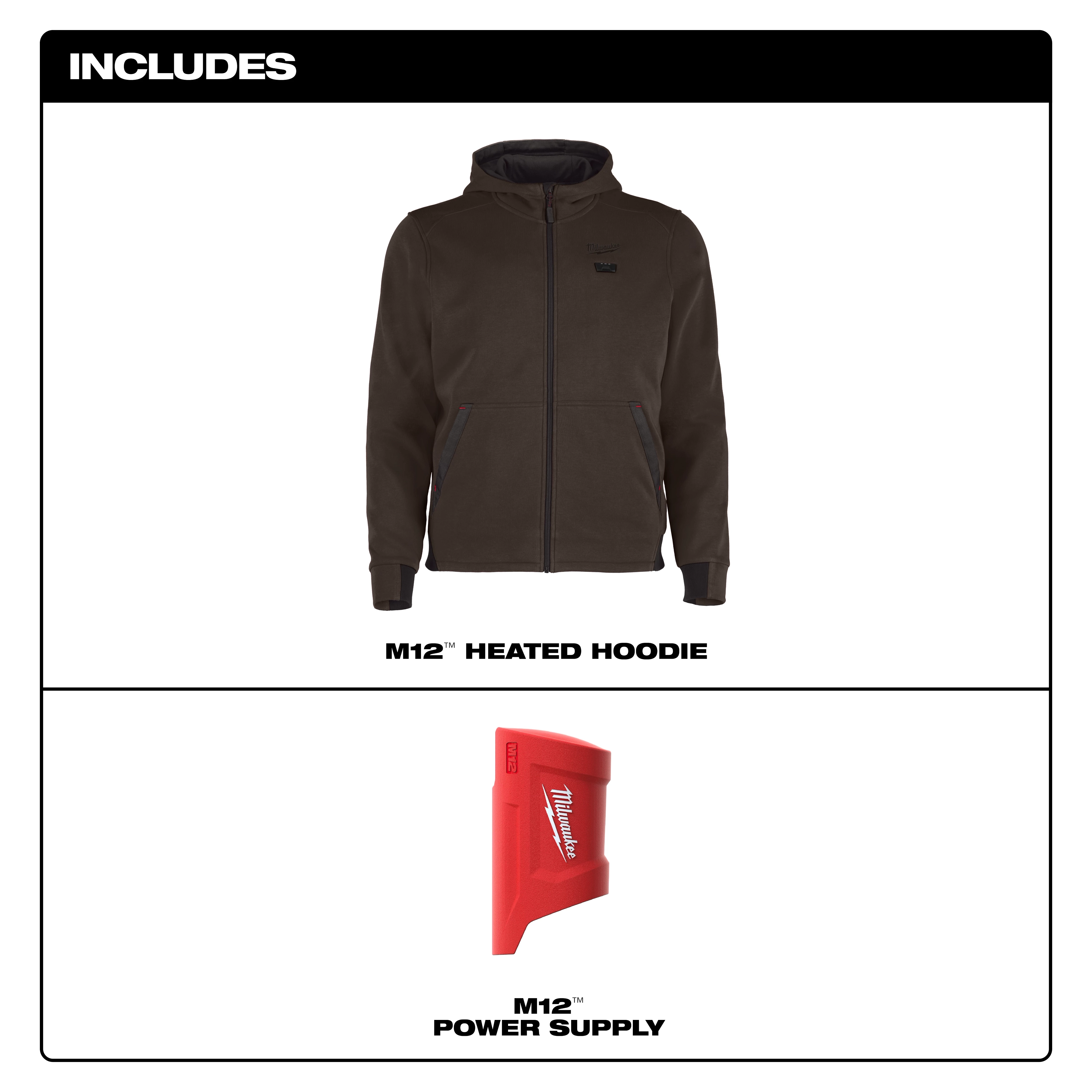 M12™ Heated Hoodie is a dark-colored, zip-up hoodie shown alongside a red M12™ power supply. The hoodie has two front pockets and is designed to be heated for added warmth.