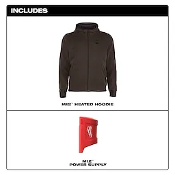 M12™ Heated Hoodie is a dark-colored, zip-up hoodie shown alongside a red M12™ power supply. The hoodie has two front pockets and is designed to be heated for added warmth.