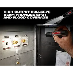 USB Rechargeable 800L Compact Flashlight in use, illuminating an electrical panel with a high output bullseye beam for spot and flood coverage.