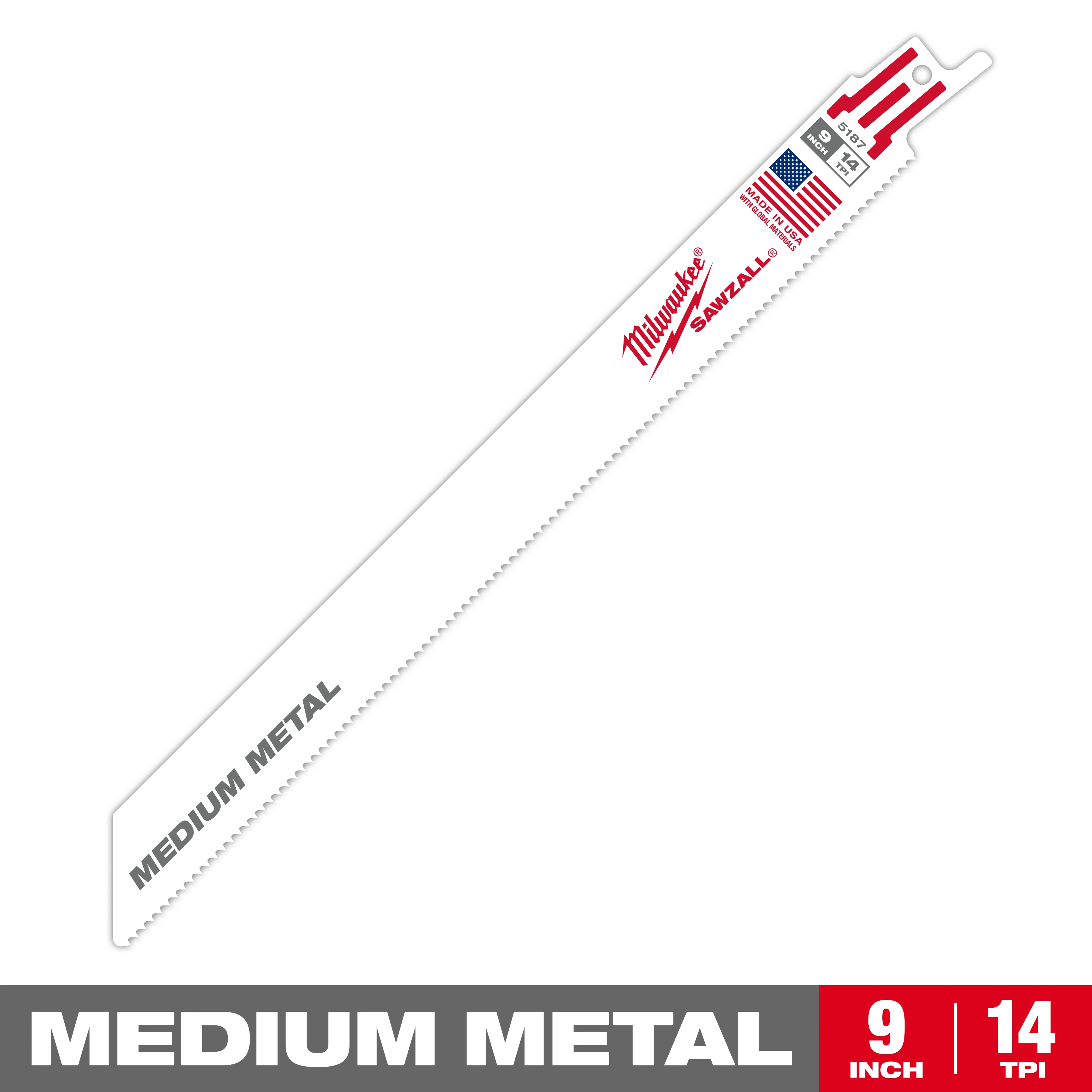 Milwaukee 9-inch Sawzall blade designed for cutting medium metal. It features 14 teeth per inch and USA flag branding. The blade is white with red and black text.
