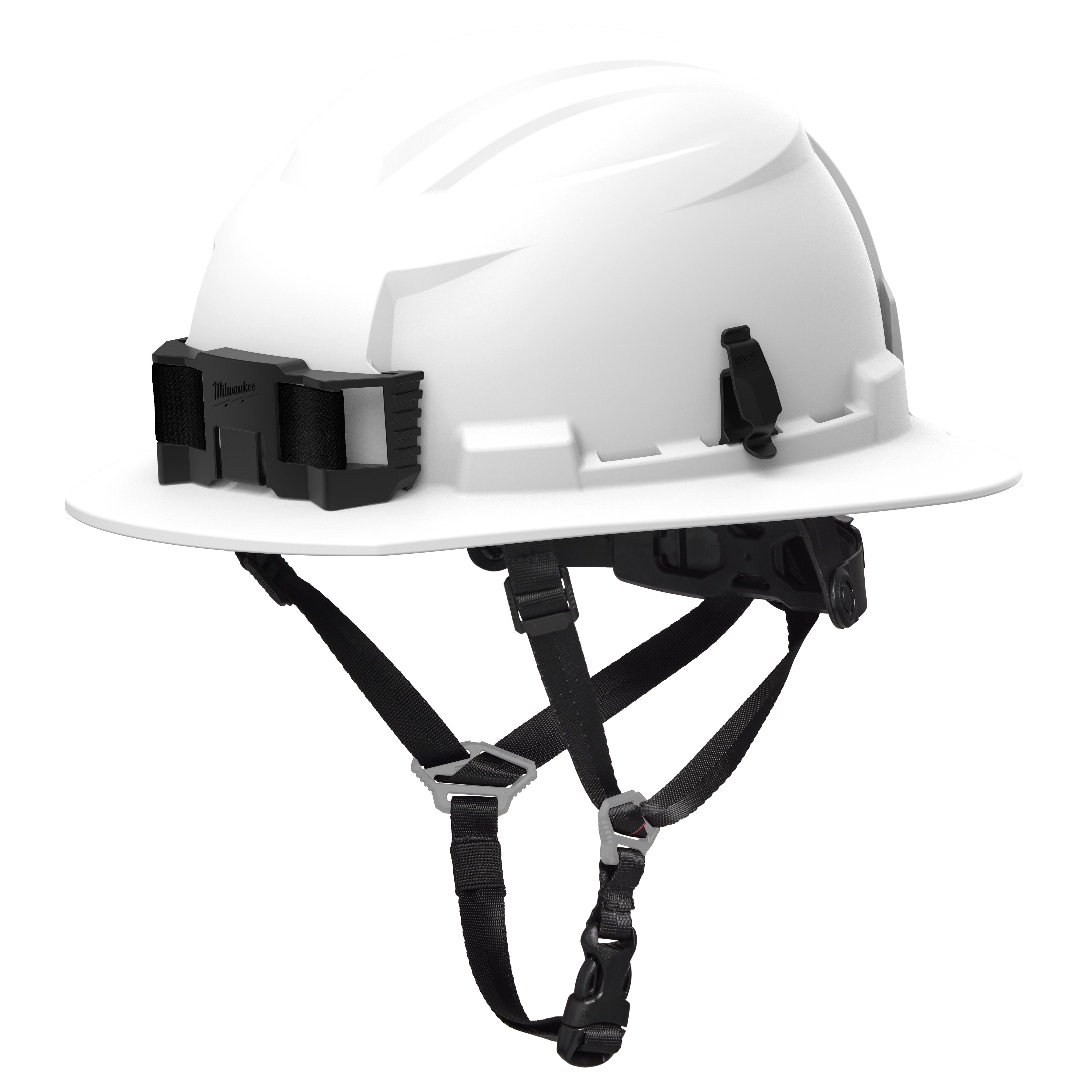 The BOLT™ Safety Helmet FR Chin Strap is a white hard hat featuring a flame-resistant chin strap for enhanced security. The helmet includes a black mount on the front and adjustable straps for a secure fit.