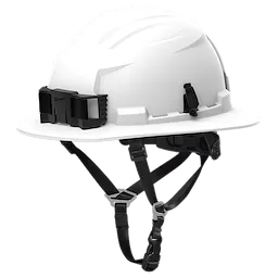 The BOLT™ Safety Helmet FR Chin Strap is a white hard hat featuring a flame-resistant chin strap for enhanced security. The helmet includes a black mount on the front and adjustable straps for a secure fit.