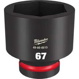 The image shows a Milwaukee 1" DR 67MM STD Impact Socket. The socket is black with a red ring at the base, and its size "67" is prominently displayed below the brand and model number, 49-66-6615.
