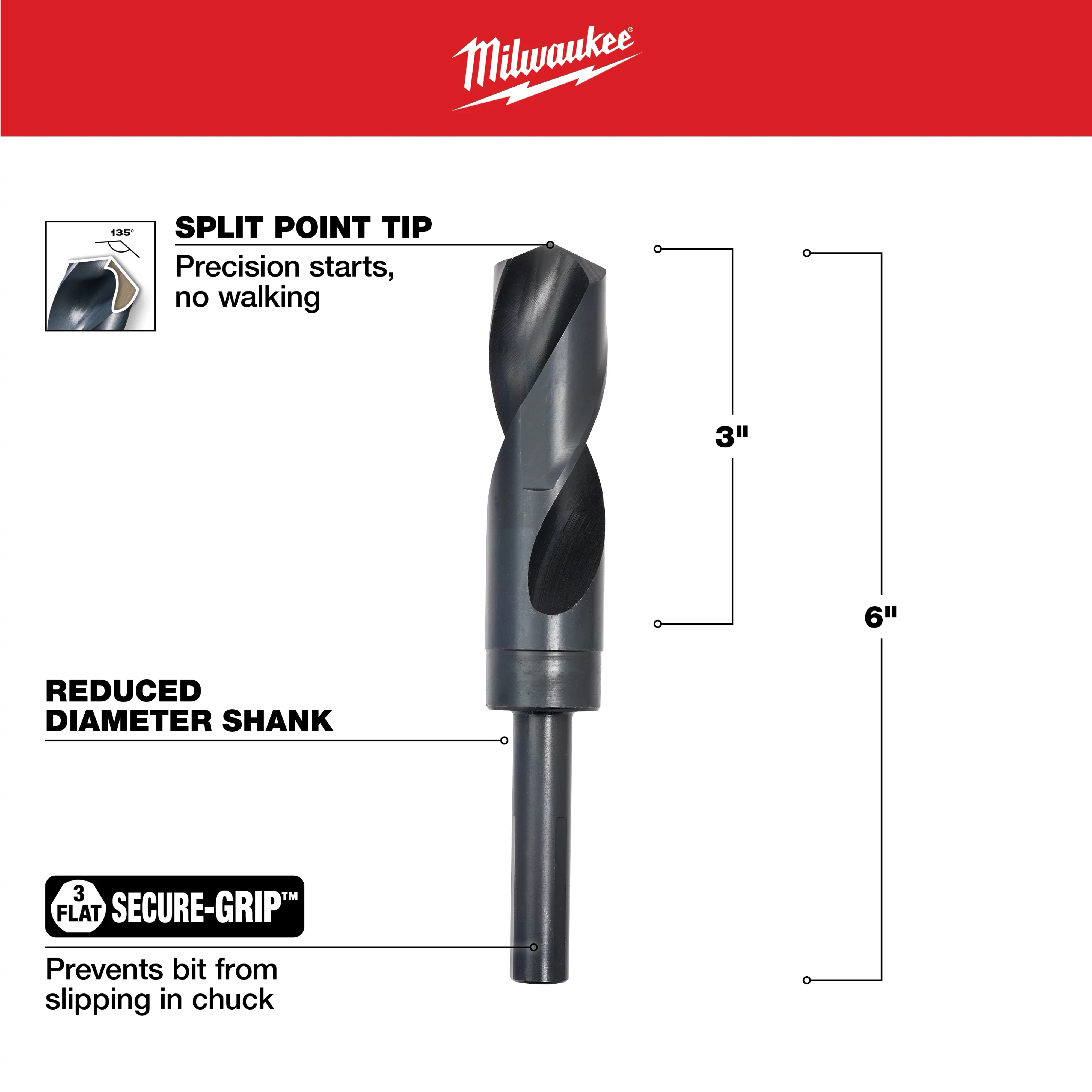 Milwaukee 1 in. S and D Black Oxide Drill Bit with a split point tip for precise starts and a reduced diameter shank for secure grip in the chuck. The drill bit measures 6 inches in length.