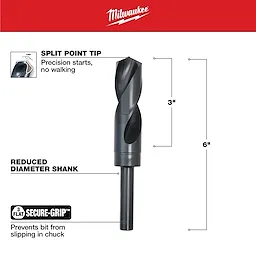Milwaukee 1 in. S and D Black Oxide Drill Bit with a split point tip for precise starts and a reduced diameter shank for secure grip in the chuck. The drill bit measures 6 inches in length.