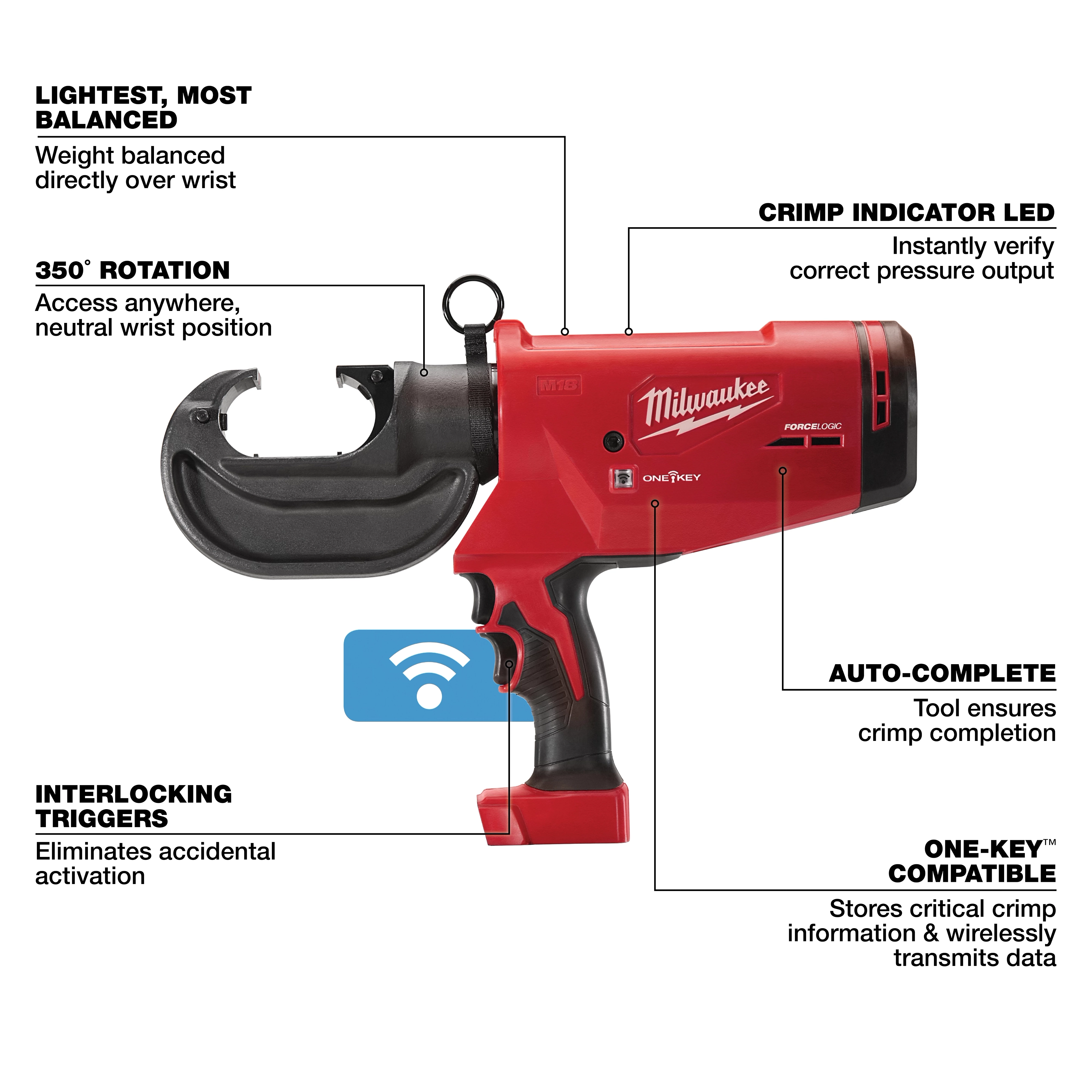 The M18™ FORCE LOGIC™ 750 MCM Crimper is a red and black tool featuring a 350-degree rotating head, crimp indicator LED, auto-complete function, and interlocking triggers. It is One-Key™ compatible, allowing for data storage and wireless transmission of critical crimp information.