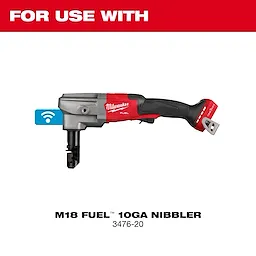 The image shows a Milwaukee M18 Fuel 10GA Nibbler power tool, model 3476-20. The text above reads "FOR USE WITH" M18 Nibbler Accessories, indicating compatibility with specific accessories. The tool has a red and black handle with a gray metal front.