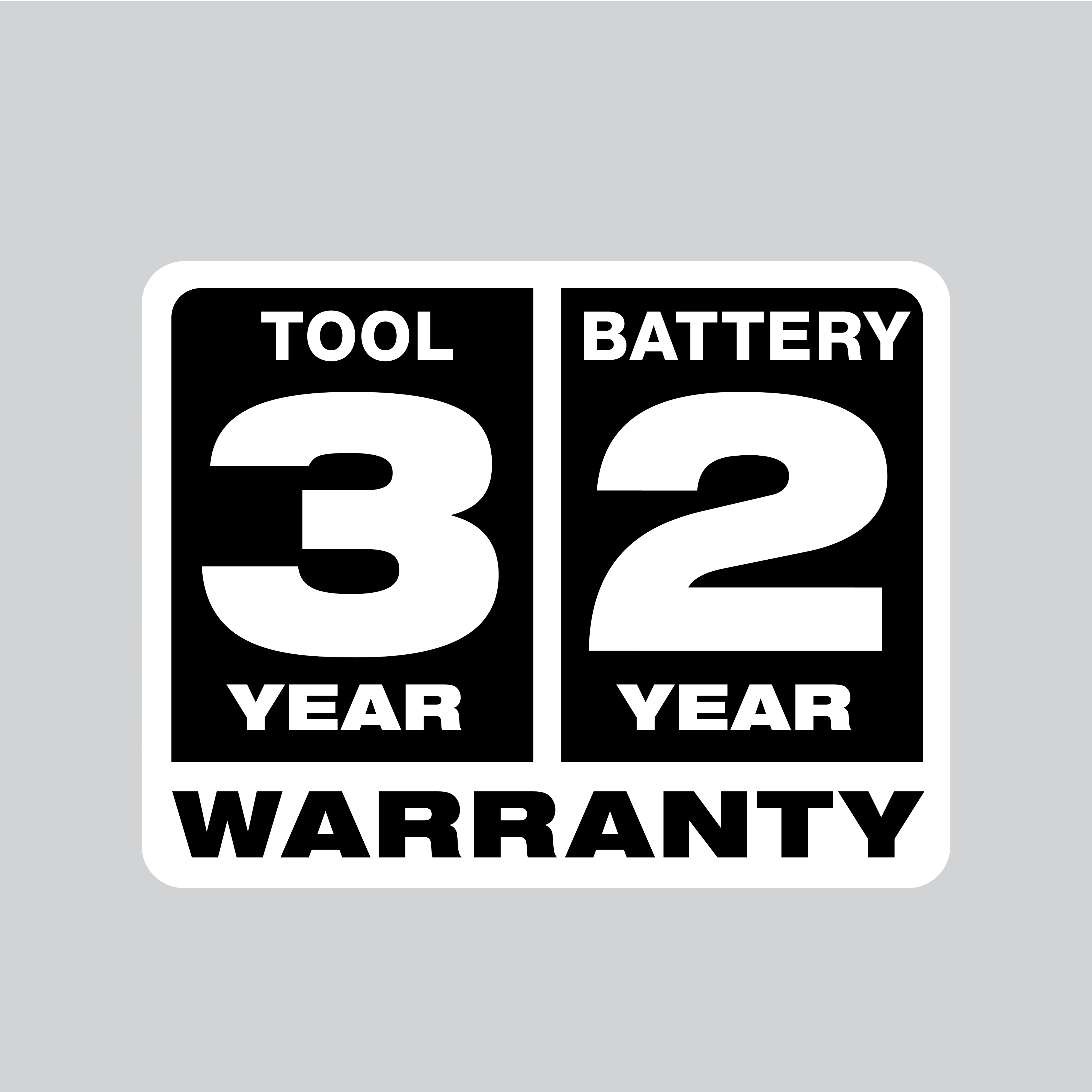 Black and white graphic displaying "3 Year Tool & 2 Year Battery Warranty."