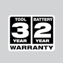 Black and white graphic displaying "3 Year Tool & 2 Year Battery Warranty."