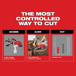 M18™ FORCE LOGIC™ Underground Cable Cutter advertisement highlights its in-line design for easy access, balanced control during use, and fastest cutting performance compared to competitors.