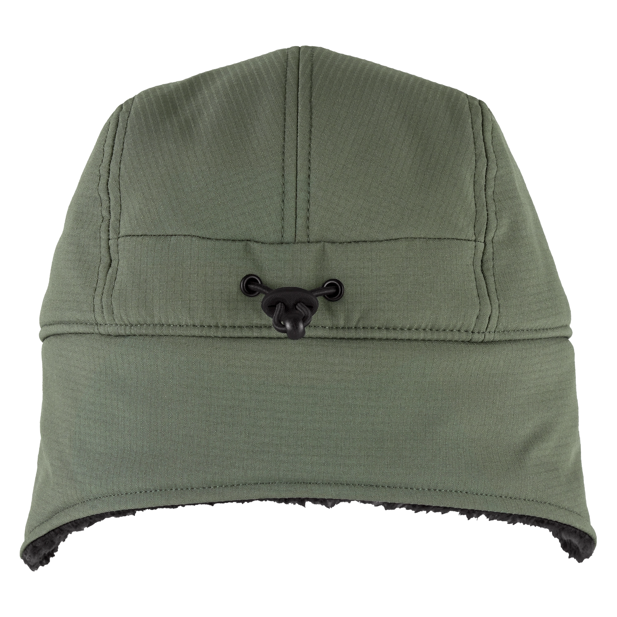 Sherpa-Lined Hat in olive green featuring a front adjustable toggle for a secure fit and fleece lining for added warmth.