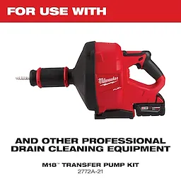 Milwaukee M18 Transfer Pump Kit is a red and black handheld device used for professional drain cleaning. It features a battery, handle, and a front attachment for hoses. Model number is 2772A-21.