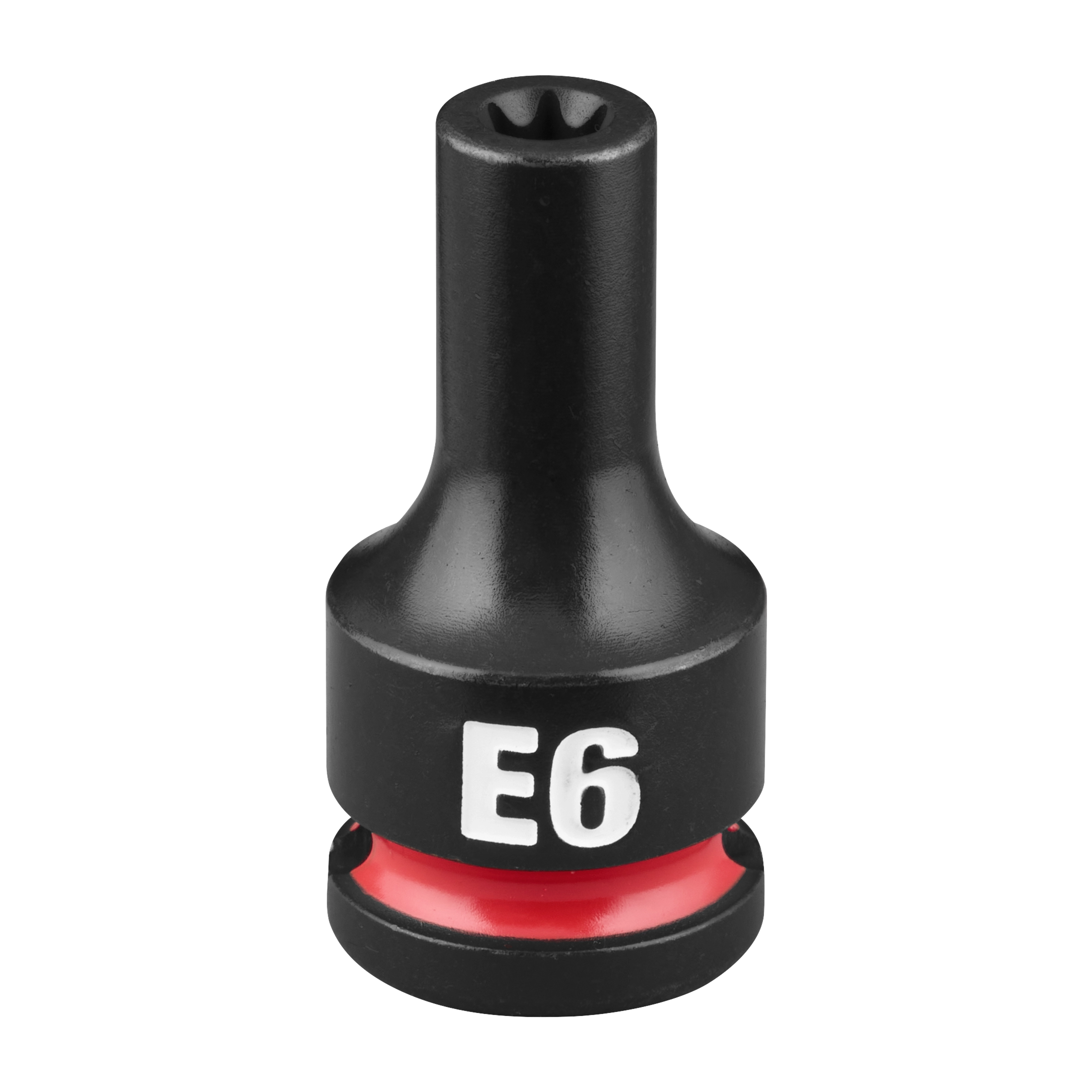 The SHOCKWAVE Impact Duty 3/8" Drive E-Torx E6 Bit Socket is a black socket tool with a red ring and the label "E6" in white text.