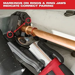 The RLS® Pivoting Press Ring is shown in use, securing a copper pipe. Markings on the ring and ring jaws indicate the correct pairing for operation. The image highlights the importance of aligning these components accurately for proper functionality.