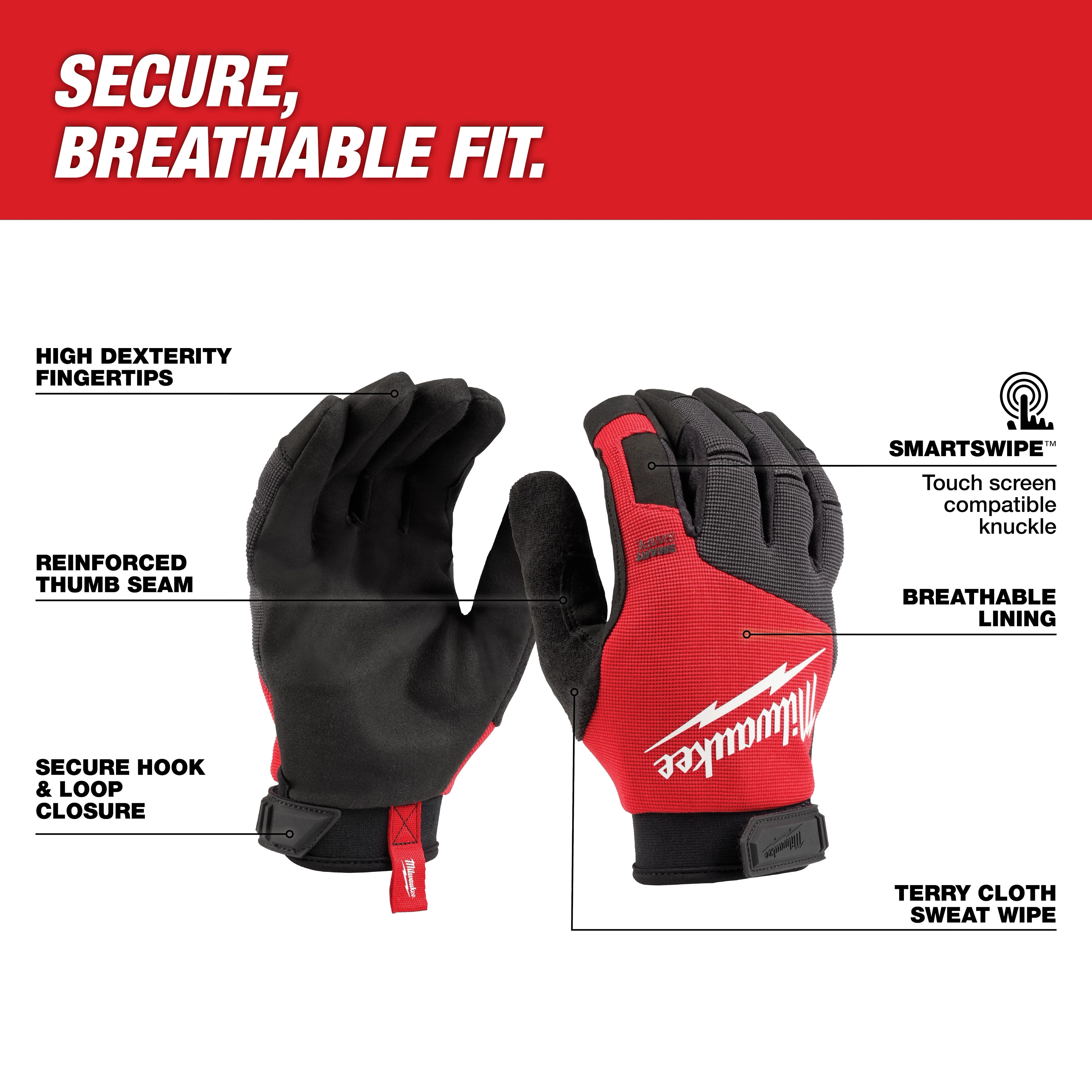 Lightweight Work Glove with high dexterity fingertips, reinforced thumb seam, hook & loop closure, breathable lining, and touchscreen-compatible knuckle.