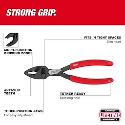 8" Slip Joint Pliers with multi-function gripping zones, anti-slip teeth, three-position jaws, tether-ready split ring hole, and slim head for tight spaces.