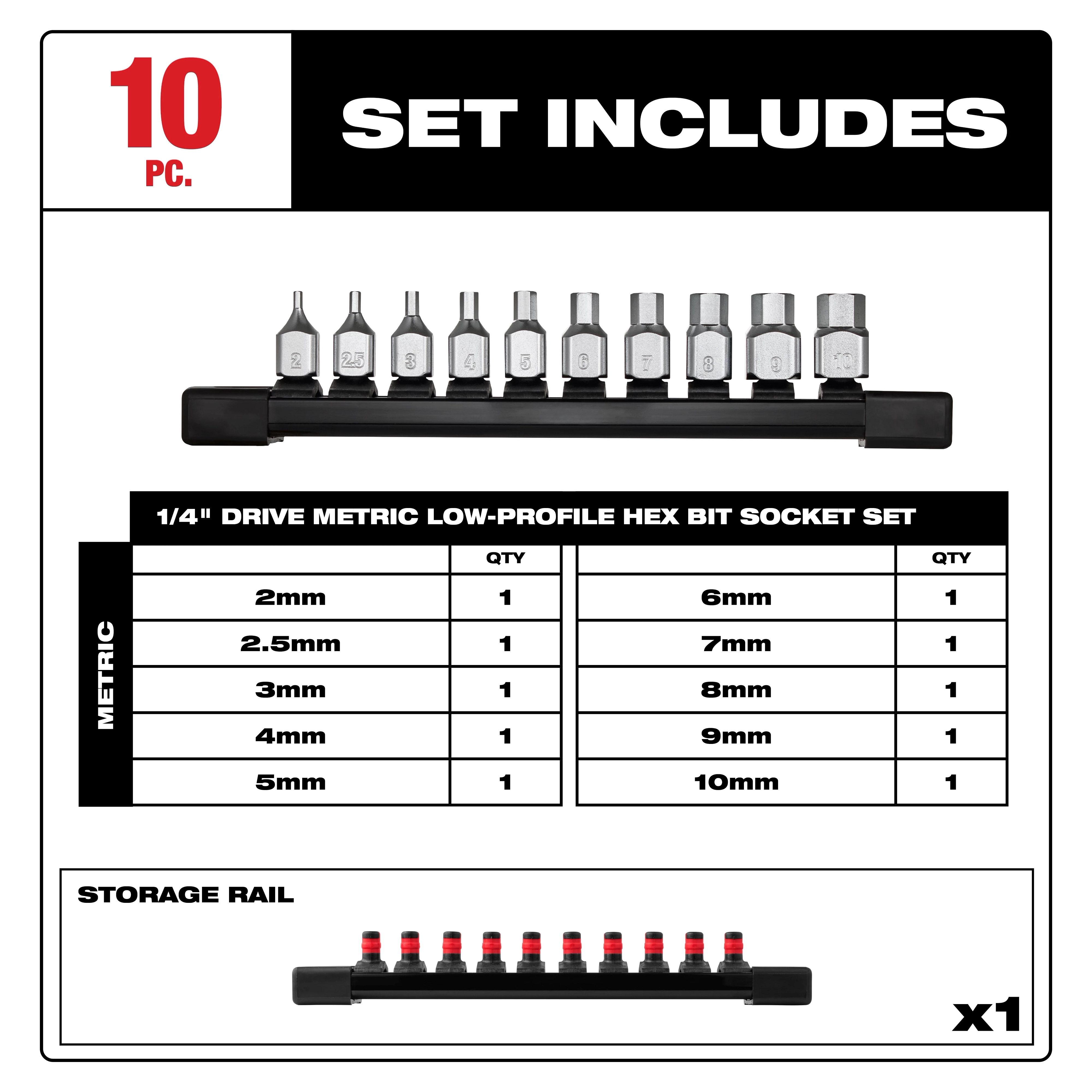 10pc 1/4” Drive Low-Profile Hex Bit Socket Set - Metric includes sizes 2mm to 10mm with a storage rail.