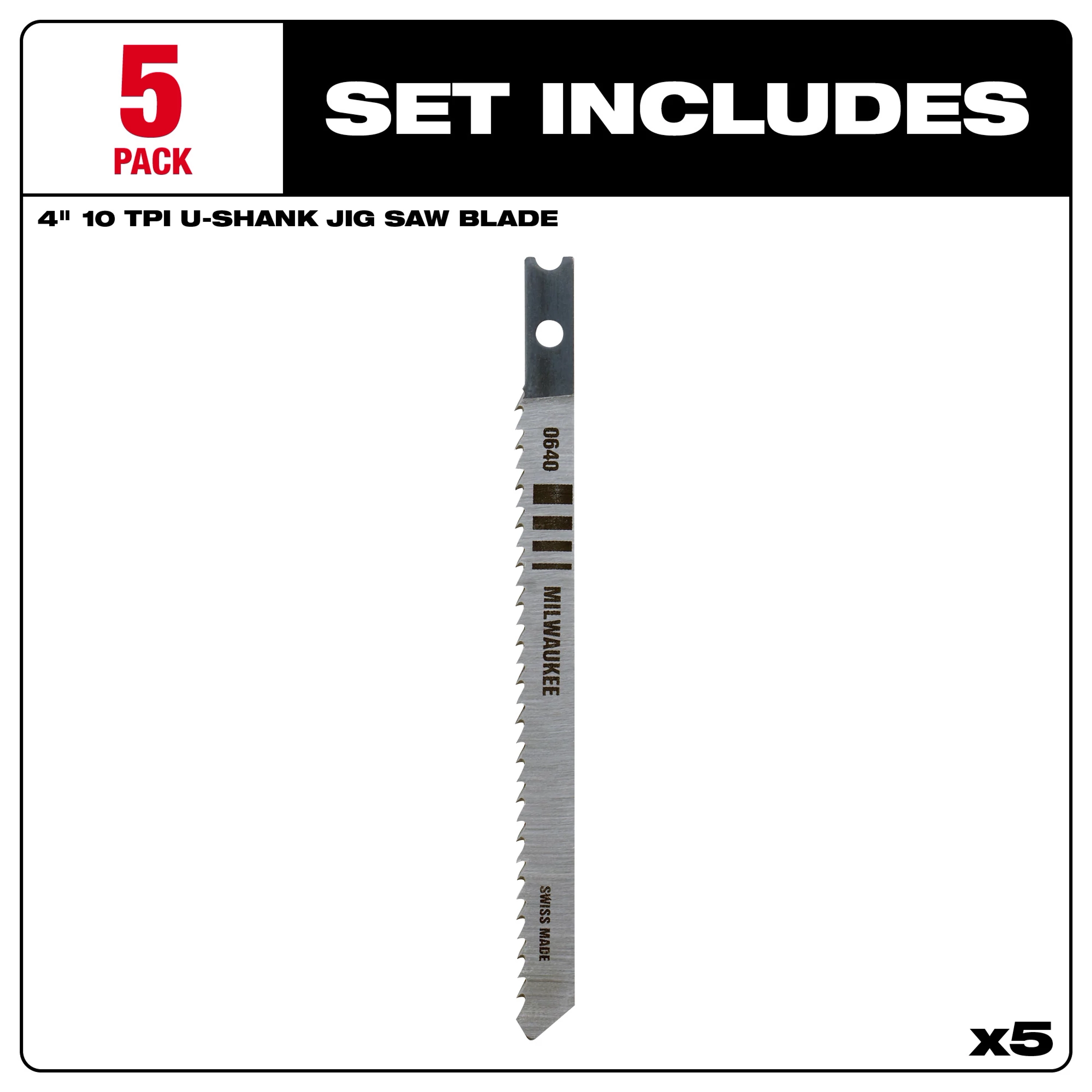 Pack of 5, 4" 10 TPI U-Shank wood high carbon steel jig saw blades, designed for durability and precision cutting.