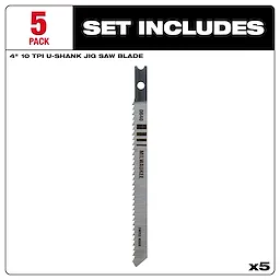 Pack of 5, 4" 10 TPI U-Shank wood high carbon steel jig saw blades, designed for durability and precision cutting.