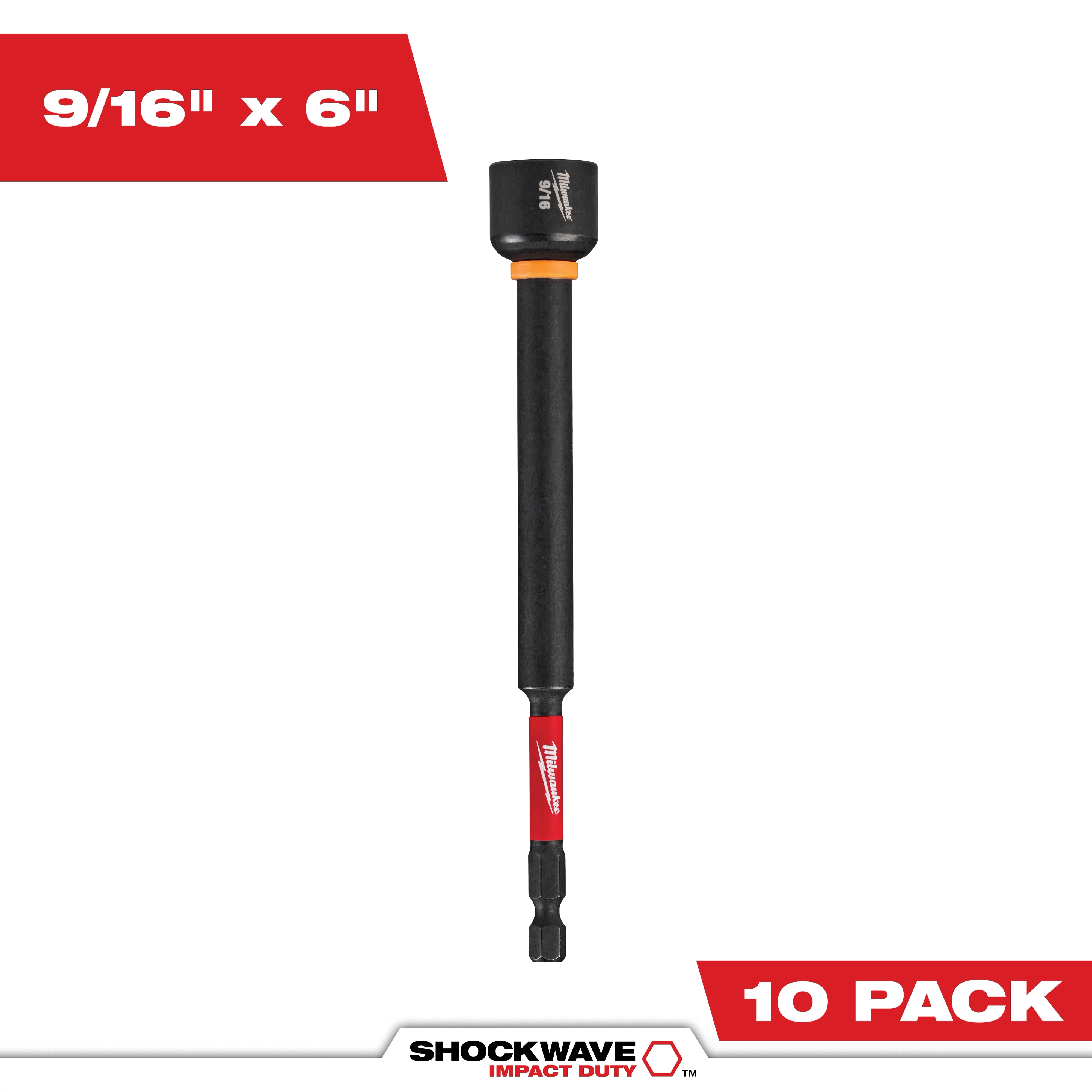 Image of the SHOCKWAVE™ Impact Duty™ 9/16" x 6" Magnetic Nut Driver BULK 10. The nut driver is black with a red and black shaft. The text "9/16" x 6"" appears on a red background and "10 PACK" is displayed in the bottom corner.
