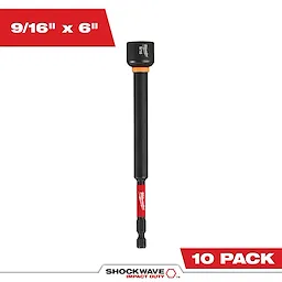 Image of the SHOCKWAVE™ Impact Duty™ 9/16" x 6" Magnetic Nut Driver BULK 10. The nut driver is black with a red and black shaft. The text "9/16" x 6"" appears on a red background and "10 PACK" is displayed in the bottom corner.