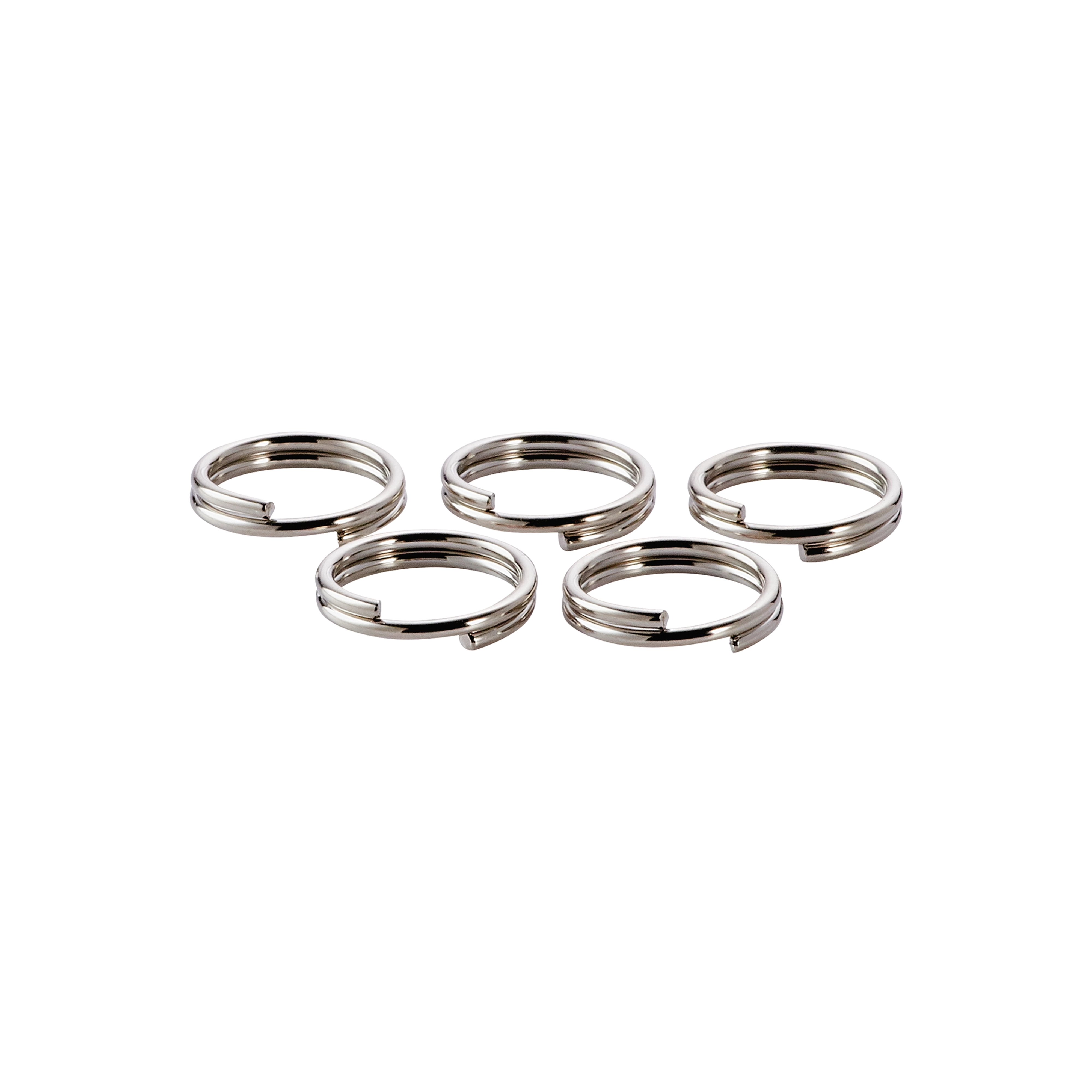 Five pieces of 2lb 3/4" Split Rings, arranged in two rows, made of shiny metal, with slight gaps on one side.