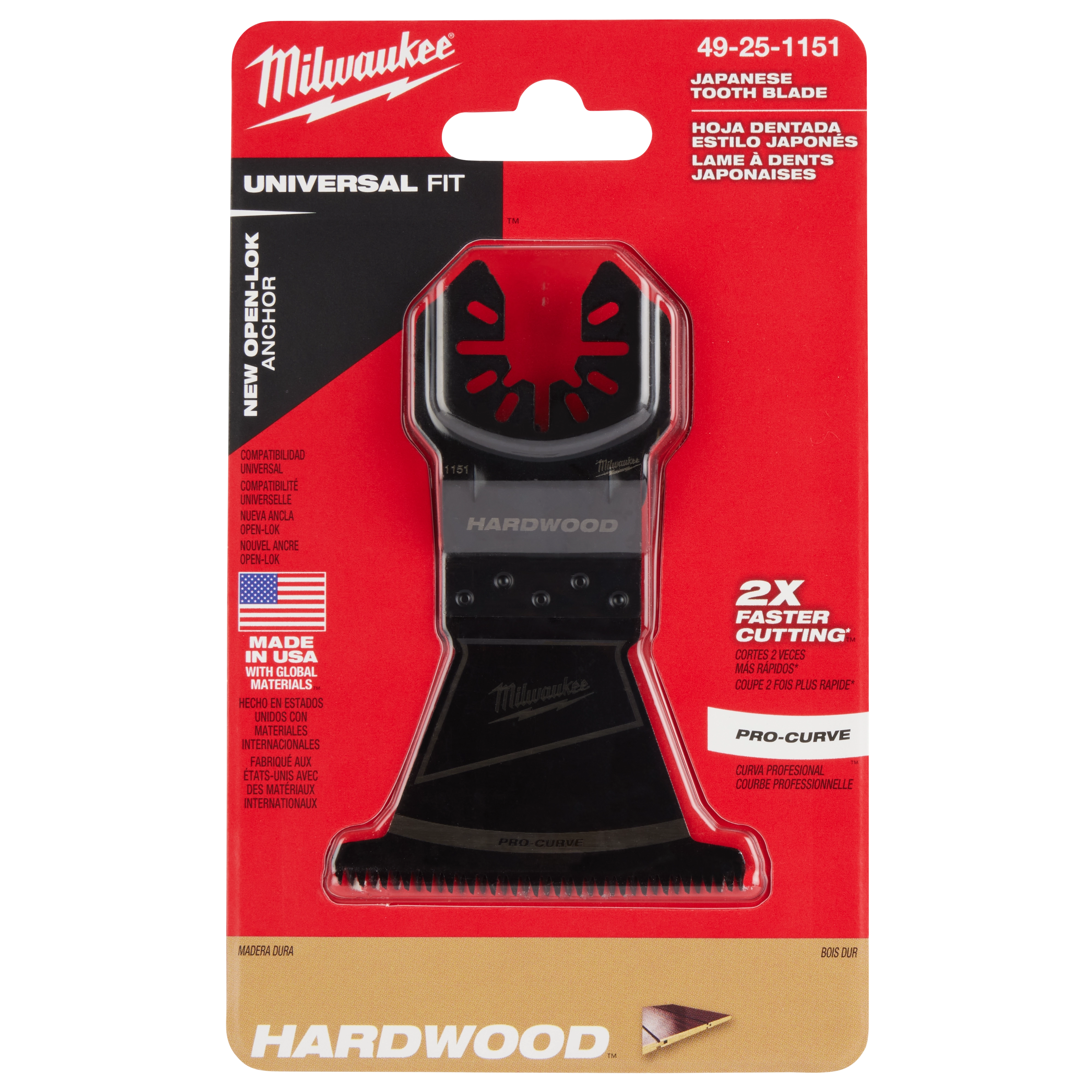 Milwaukee Open-Lok 2-1/2" HCS Japanese Tooth Pro-Curve Hardwood Multi-Tool Blade packaged in a red and black box. Universal fit.