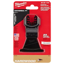 Milwaukee Open-Lok 2-1/2" HCS Japanese Tooth Pro-Curve Hardwood Multi-Tool Blade packaged in a red and black box. Universal fit.