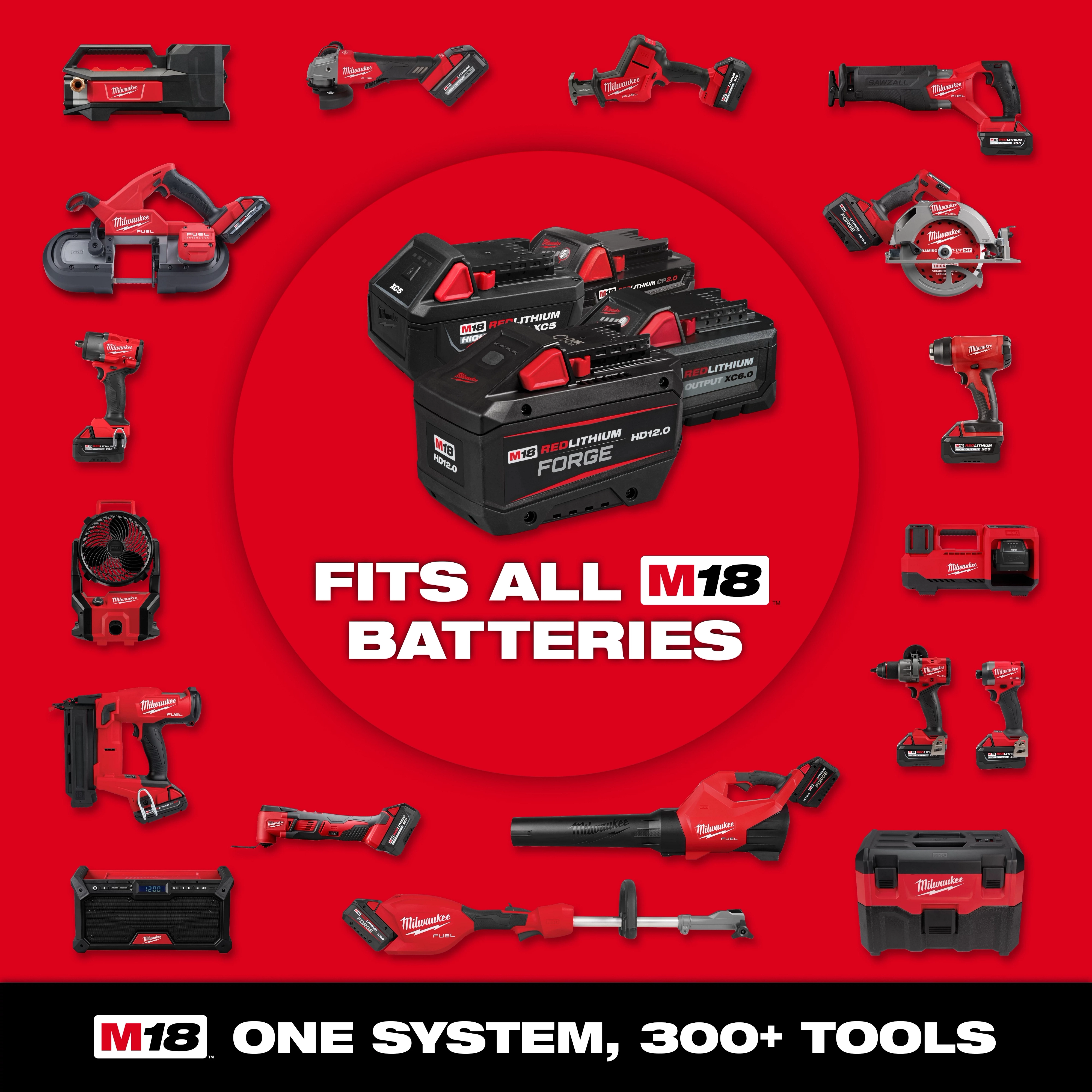 M18 REDLITHIUM HIGH OUTPUT XC5 Battery Pack M18 REDLITHIUM HIGH OUTPUT XC5 Resistant Battery Pack centered among tools