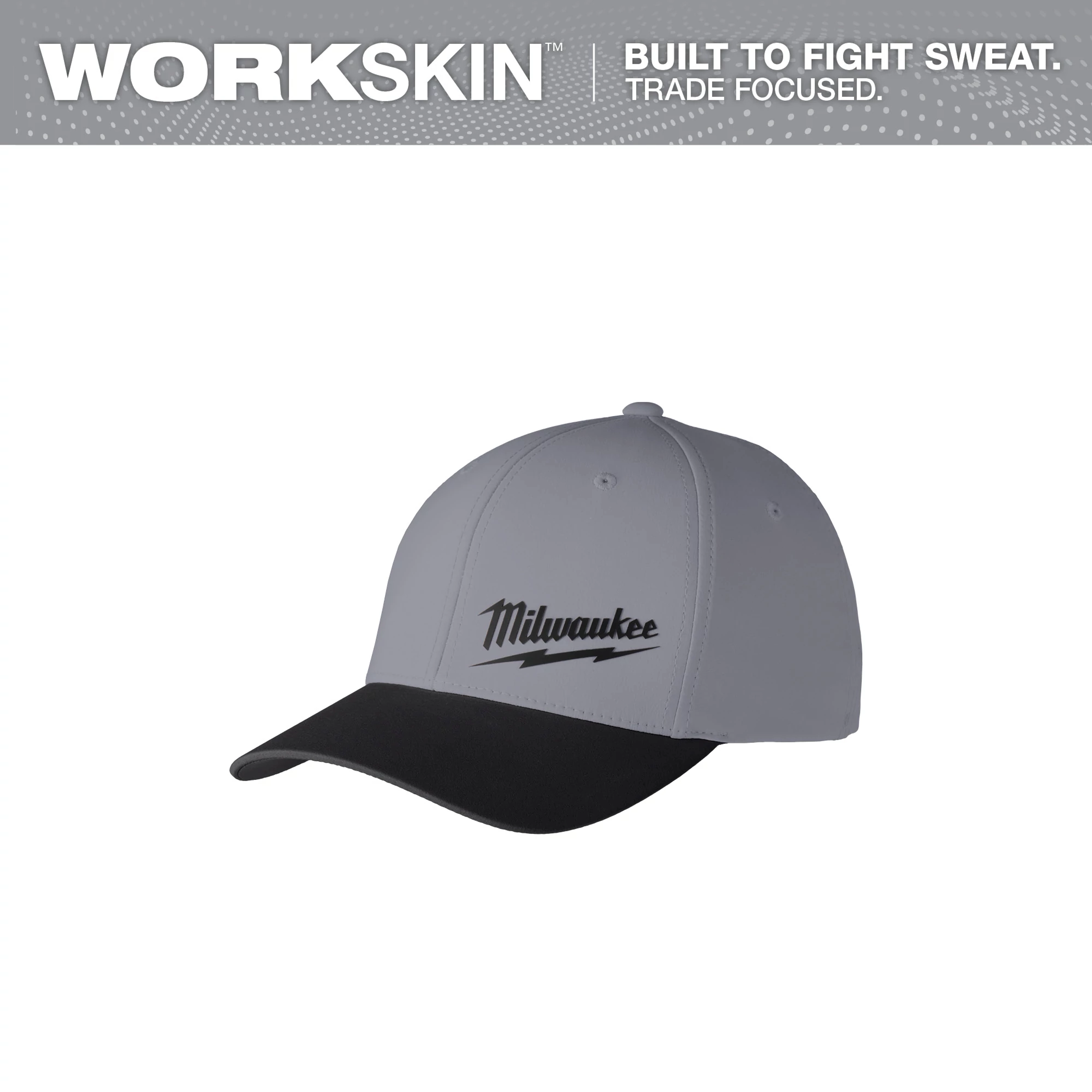 Dark gray fitted hat with black brim, featuring the Milwaukee logo in black. Product name: WORKSKIN Performance Fitted Hat.