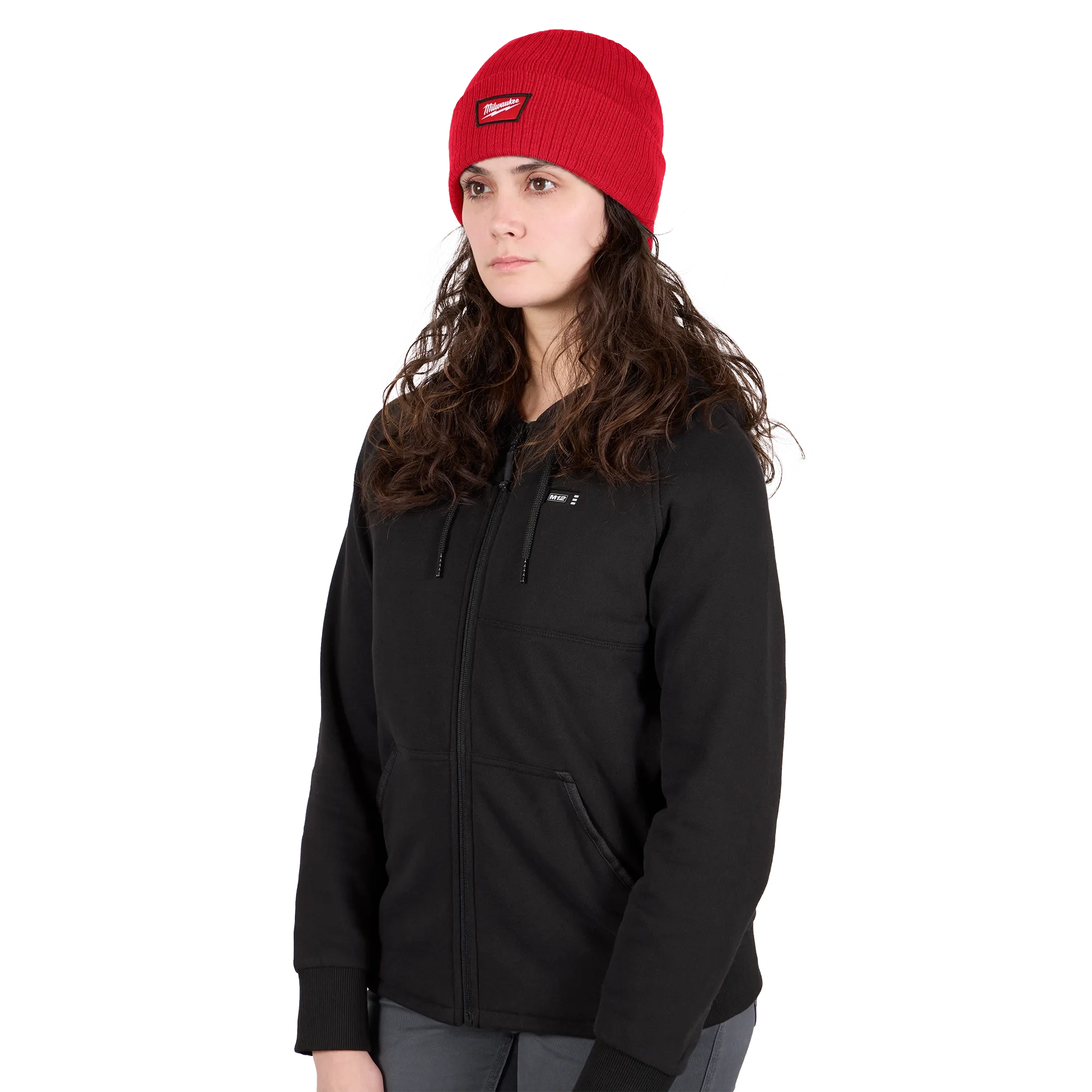 Image of a woman wearing the Milwaukee Rib-Knit Cuffed Beanie in red