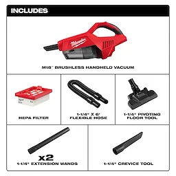M18 Brushless Handheld Vacuum kit includes a HEPA filter, flexible hose, pivoting floor tool, two extension wands, and a crevice tool.